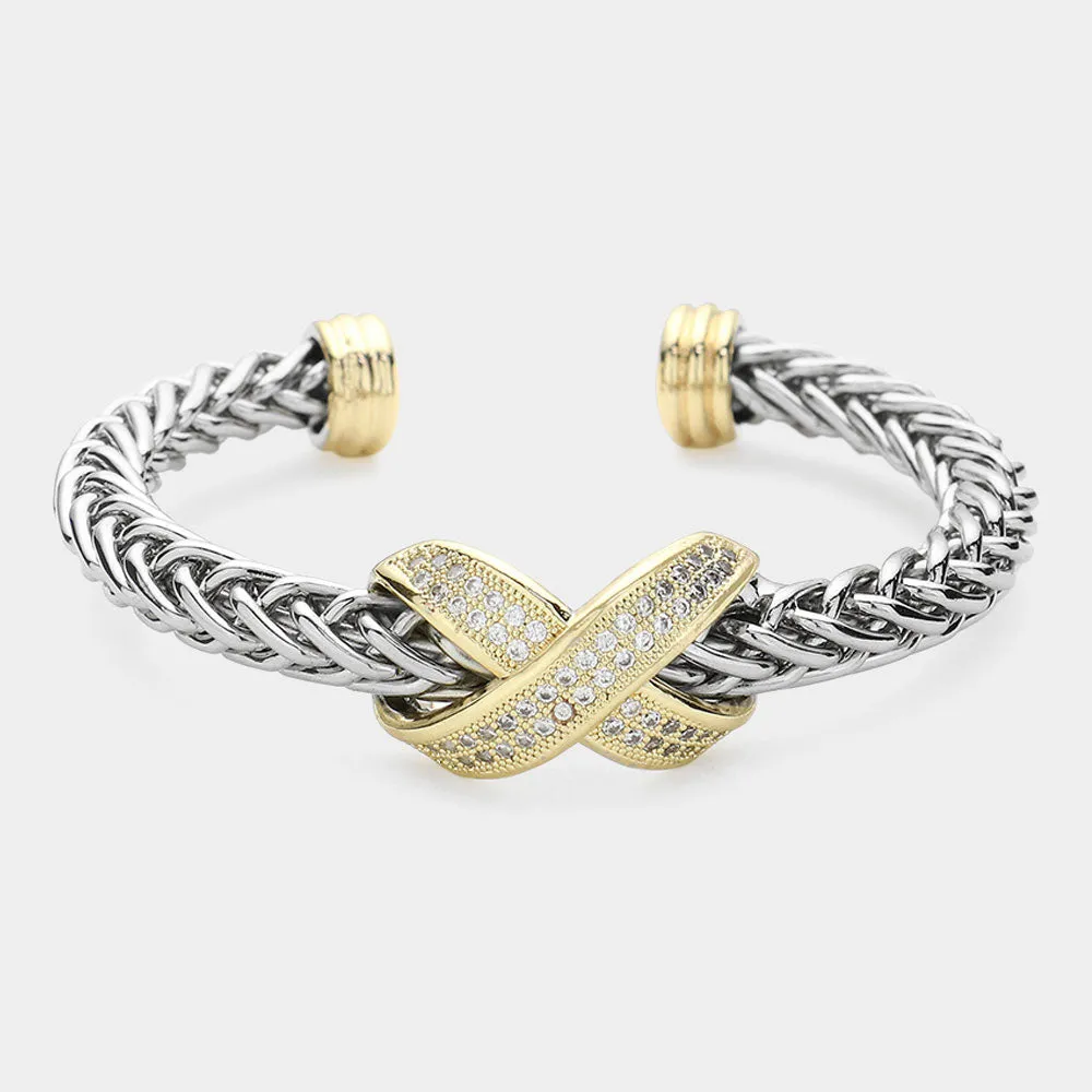 14K Gold Plated Two Tone CZ Stone Paved Crisscross Metal Braided Cuff Bracelet