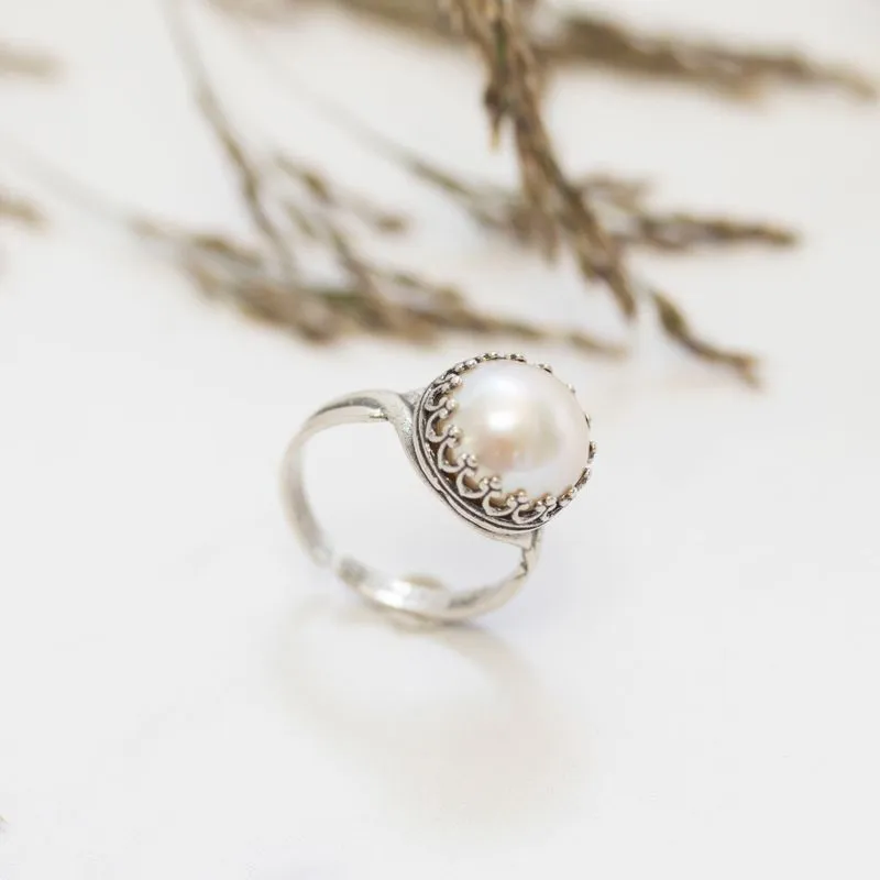 925 Sterling Silver Round White Pearl 10mm Ring