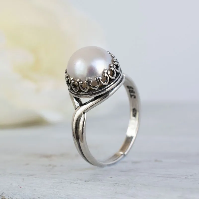 925 Sterling Silver Round White Pearl 10mm Ring