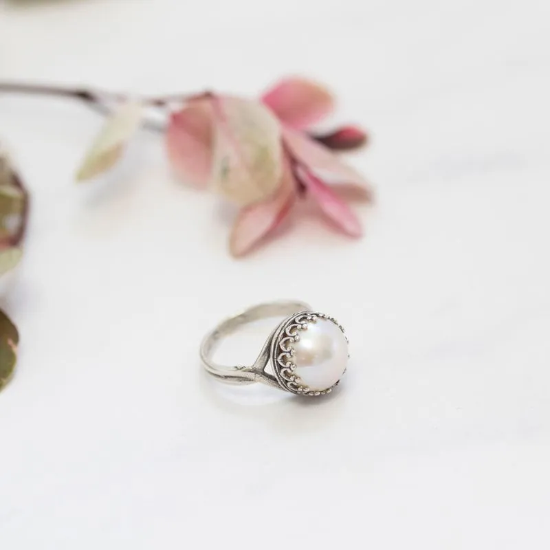 925 Sterling Silver Round White Pearl 10mm Ring