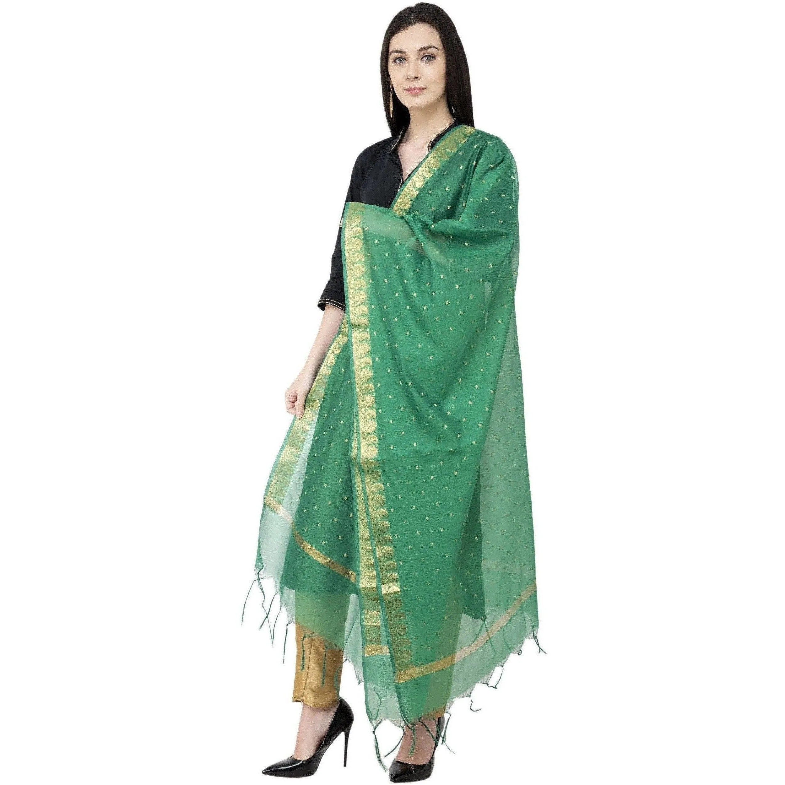 A R Silk VNS Border Buti Fancy Dupatta Green Color Dupatta or Chunni