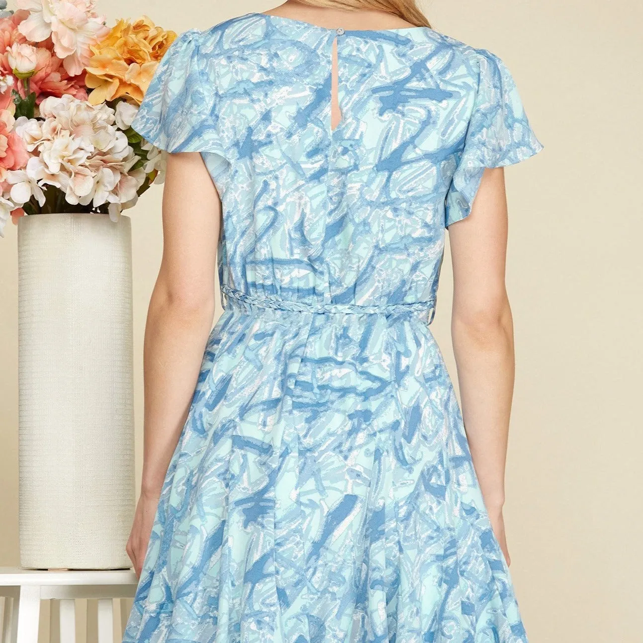 Abundance of Love Ruffled Braided Waist Blue Printed Dress