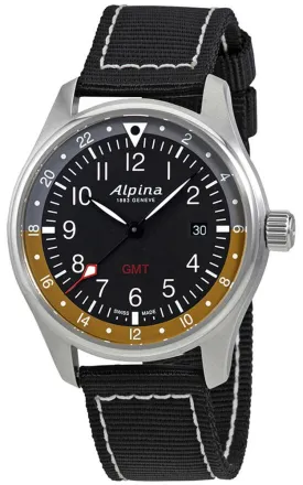 Alpina Startimer Pilot GMT Stainless Steel Black Canvas Black Dial Date Quartz Mens Watch AL-247BBG4S6