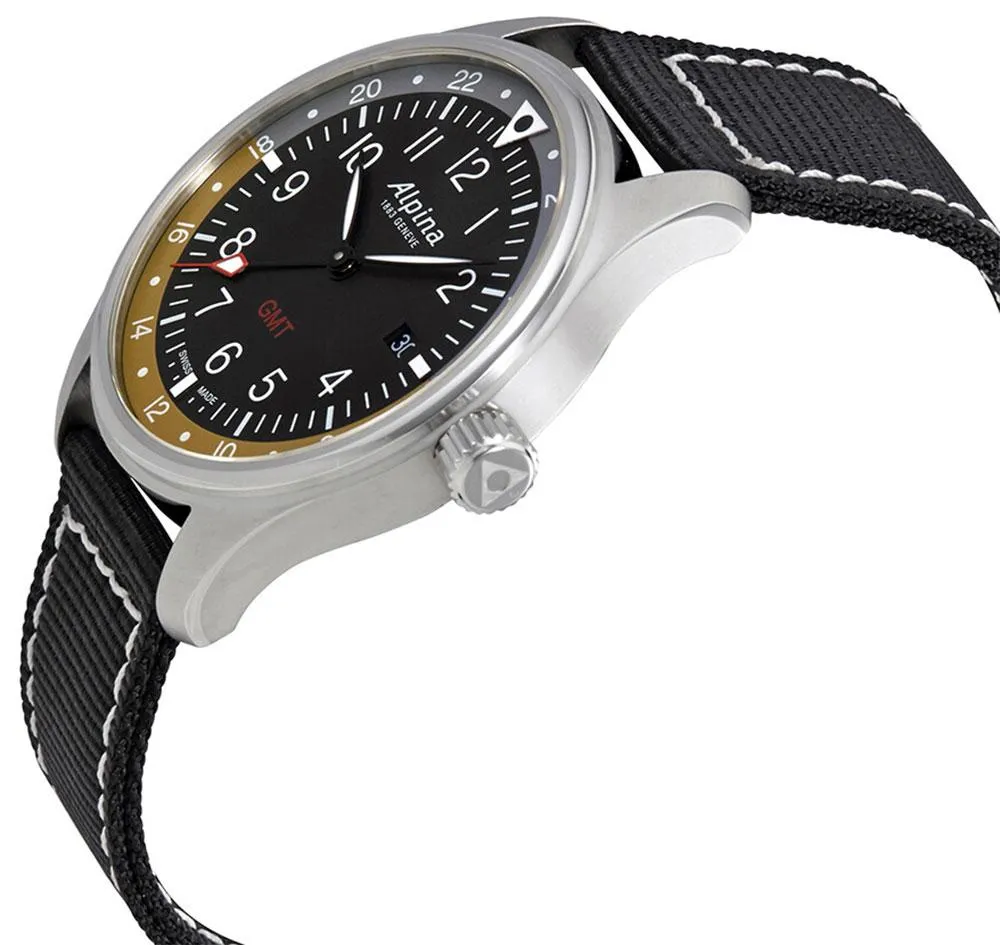 Alpina Startimer Pilot GMT Stainless Steel Black Canvas Black Dial Date Quartz Mens Watch AL-247BBG4S6