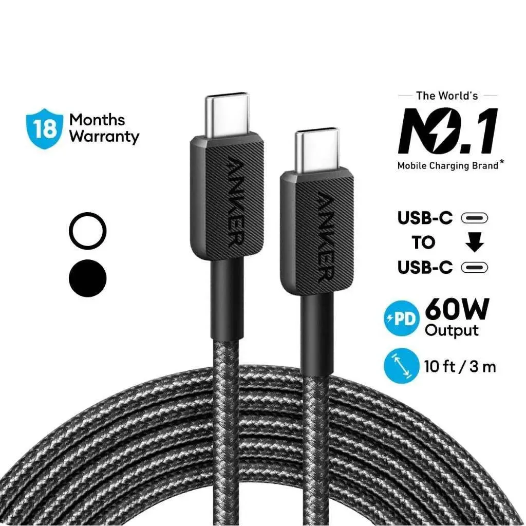 Anker 322 PowerLine USB C to USB C Braided 10ft/3m 60W Cable A81F7