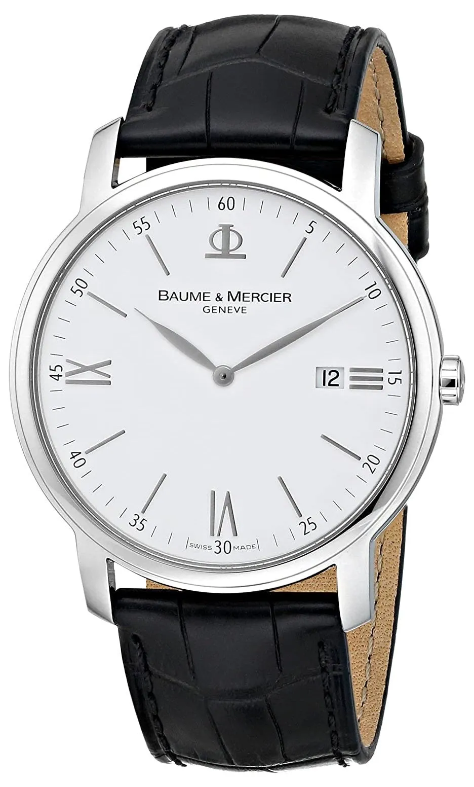 Baume & Mercier Classima Stainless Steel White Dial Black Leather Strap Date Quartz Mens Watch M0A08485