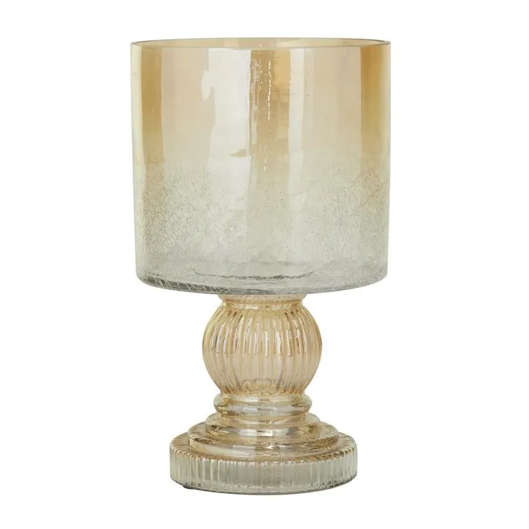 BROWN GLASS HANDMADE TURNED STYLE PILLAR HURRICANE LAMP WITH FAUX MERCURY GLASS FINISH