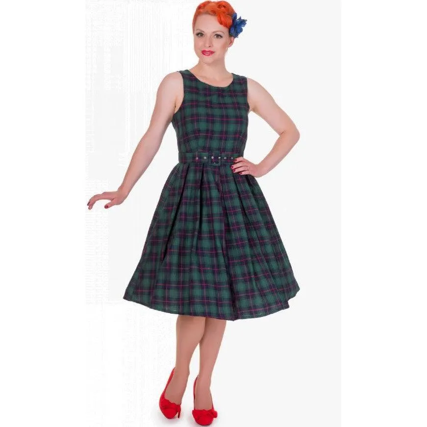 Dolly & Dotty Annie Retro Check Swing Dress in Dark Green and Blue