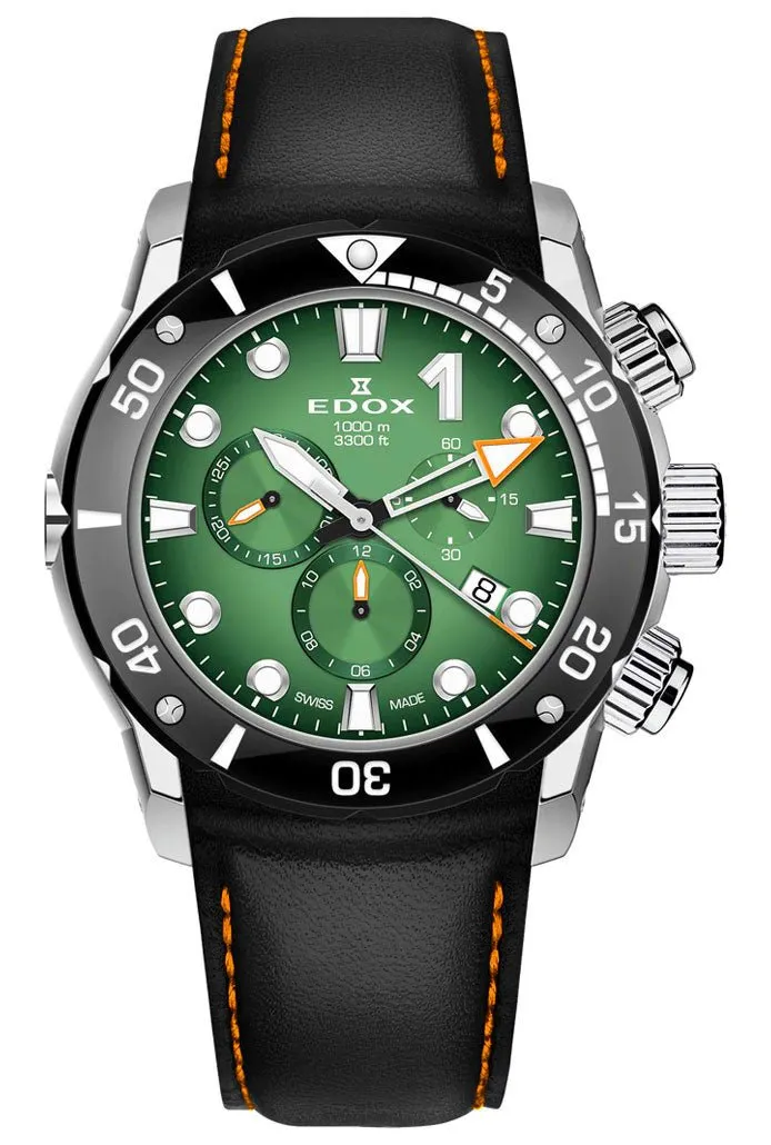 Edox CO-1 Chronograph Titanium Green Dial Black Leather Strap Date Divers Quartz Mens Watch 10242-TIN-VIN