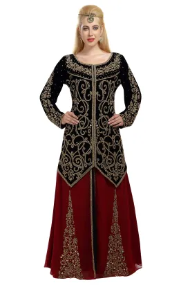 Embroidered Kaftan in Black-Maroon Velvet Fabric Takchita Gown