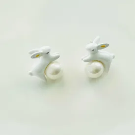 Enamel White Rabbit Pearl Stud Earrings ( Pre-order, available in 2 weeks)