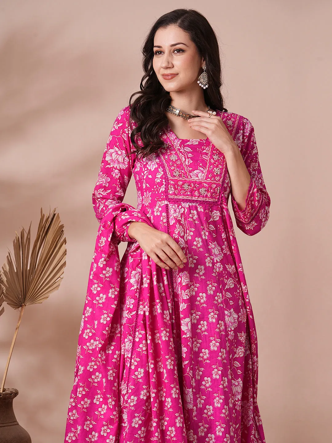 Ethnic Floral Printed Embroidered Anarkali Flared Kurta with Pant and Dupatta - Pink