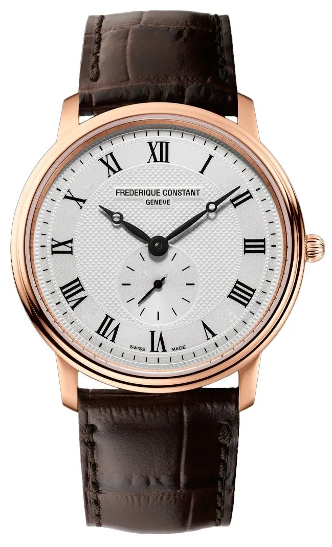 Frederique Constant Slimline Small Seconds Rose Gold-Plated Silver Dial Brown Leather Strap Quartz Mens Watch FC-235M4S4