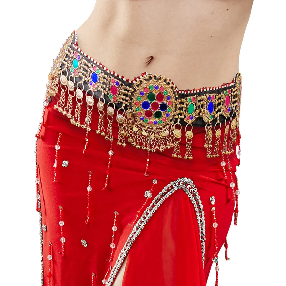 Handmade Afghan Tribal Womens Belly Dancing Waist Hip Belt with Bells Multicolor Acrylic Glass Beads Medallions - Duel On Jewel