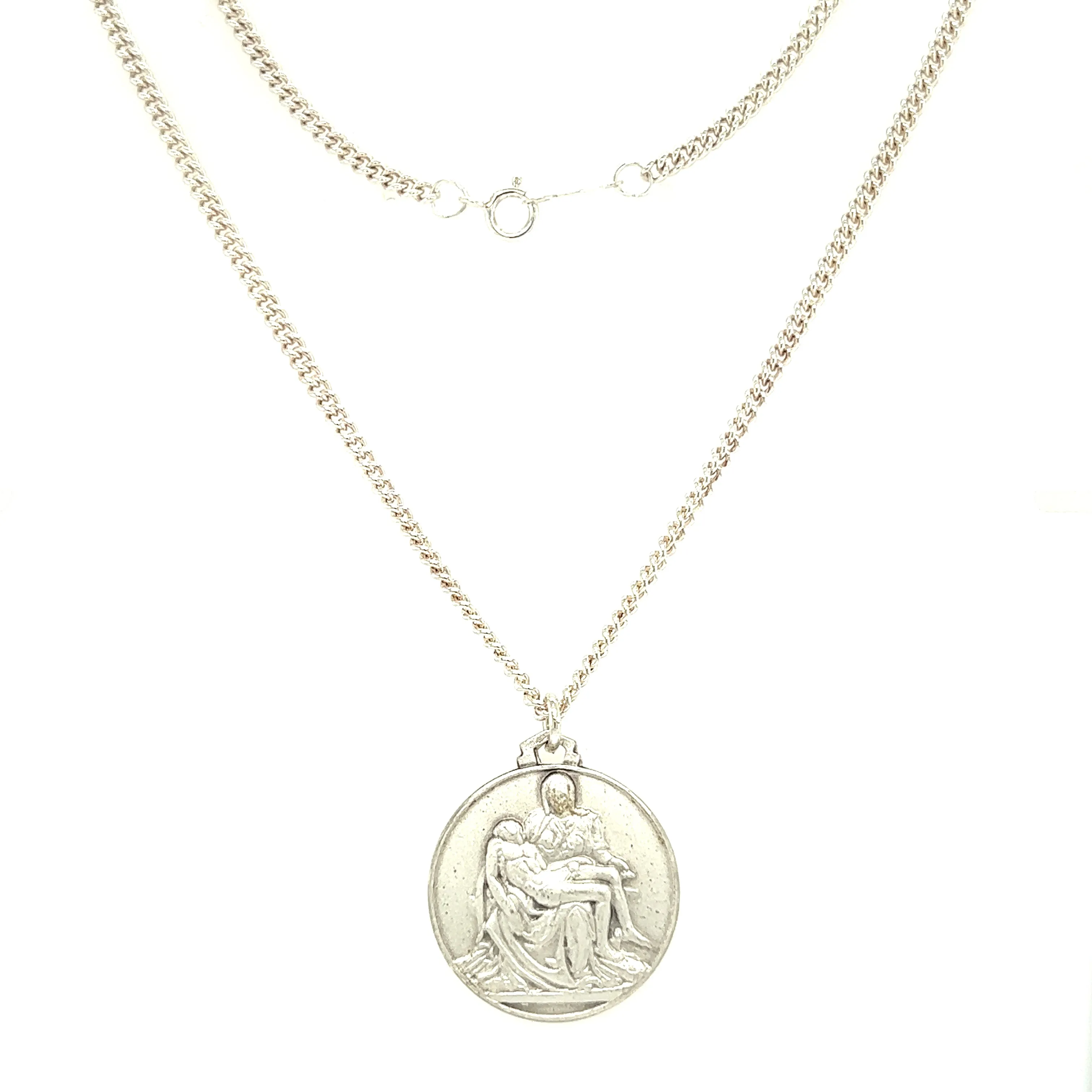 La Pieta Medallion Necklace with 24in Long Cable Chain in Sterling Silver