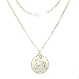 La Pieta Medallion Necklace with 24in Long Cable Chain in Sterling Silver