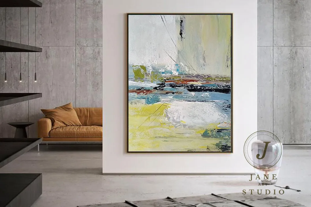 Large Abstract Painting Yellow Painting Green Arcyling Painting Qp071