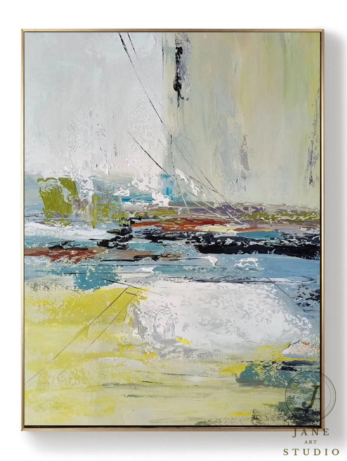 Large Abstract Painting Yellow Painting Green Arcyling Painting Qp071