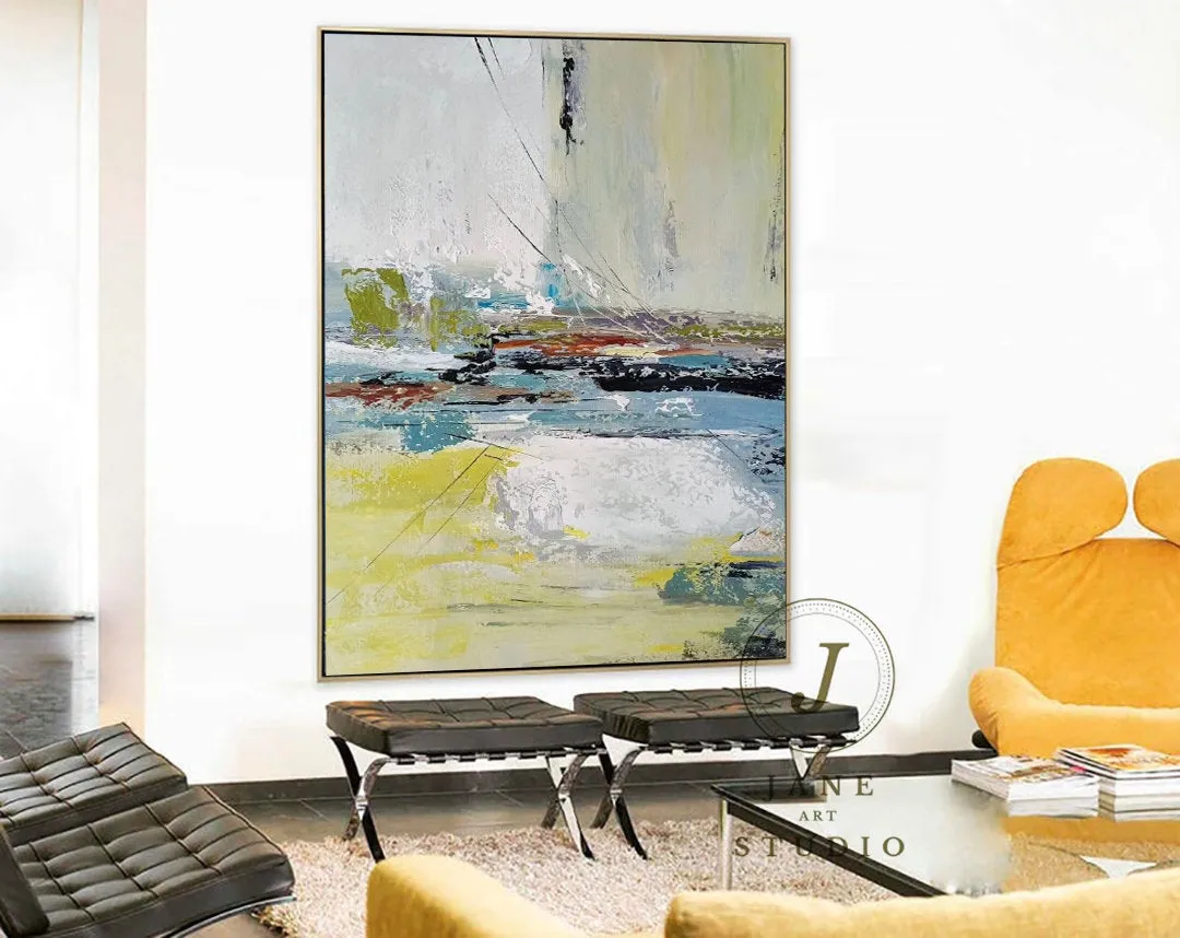 Large Abstract Painting Yellow Painting Green Arcyling Painting Qp071