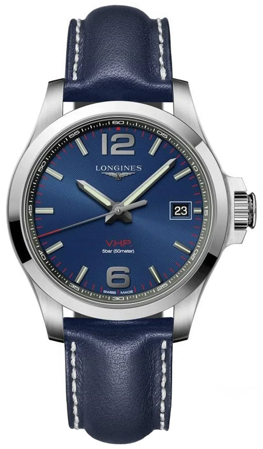 Longines Conquest V.H.P. Stainless Steel Blue Dial Blue Leather Strap Date Quartz Mens Watch L3.726.4.96.7