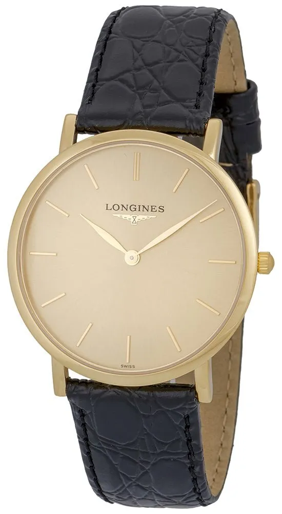 Longines Presence 18K Yellow Gold L48246322 Black Leather Strap Quartz Mens Watch Gold Tone Dial