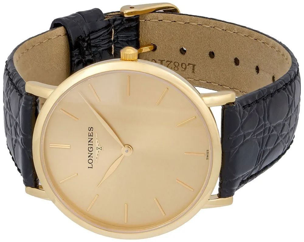 Longines Presence 18K Yellow Gold L48246322 Black Leather Strap Quartz Mens Watch Gold Tone Dial