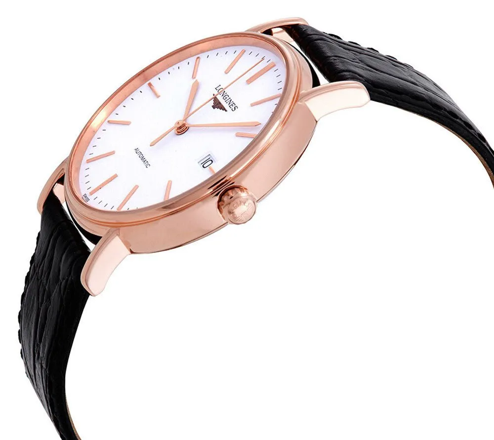 Longines Presence Automatic Rose Gold PVD White Dial Black Leather Strap Date Mens Watch L4.921.1.12.2