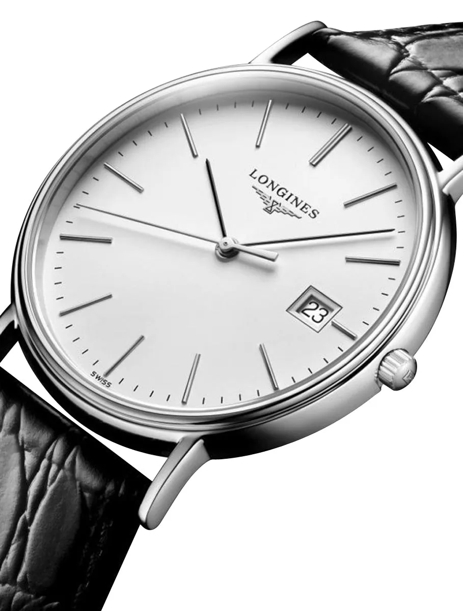 Longines Presence Stainless Steel White Dial Black Leather Strap Date Quartz Mens Watch L4.790.4.12.2