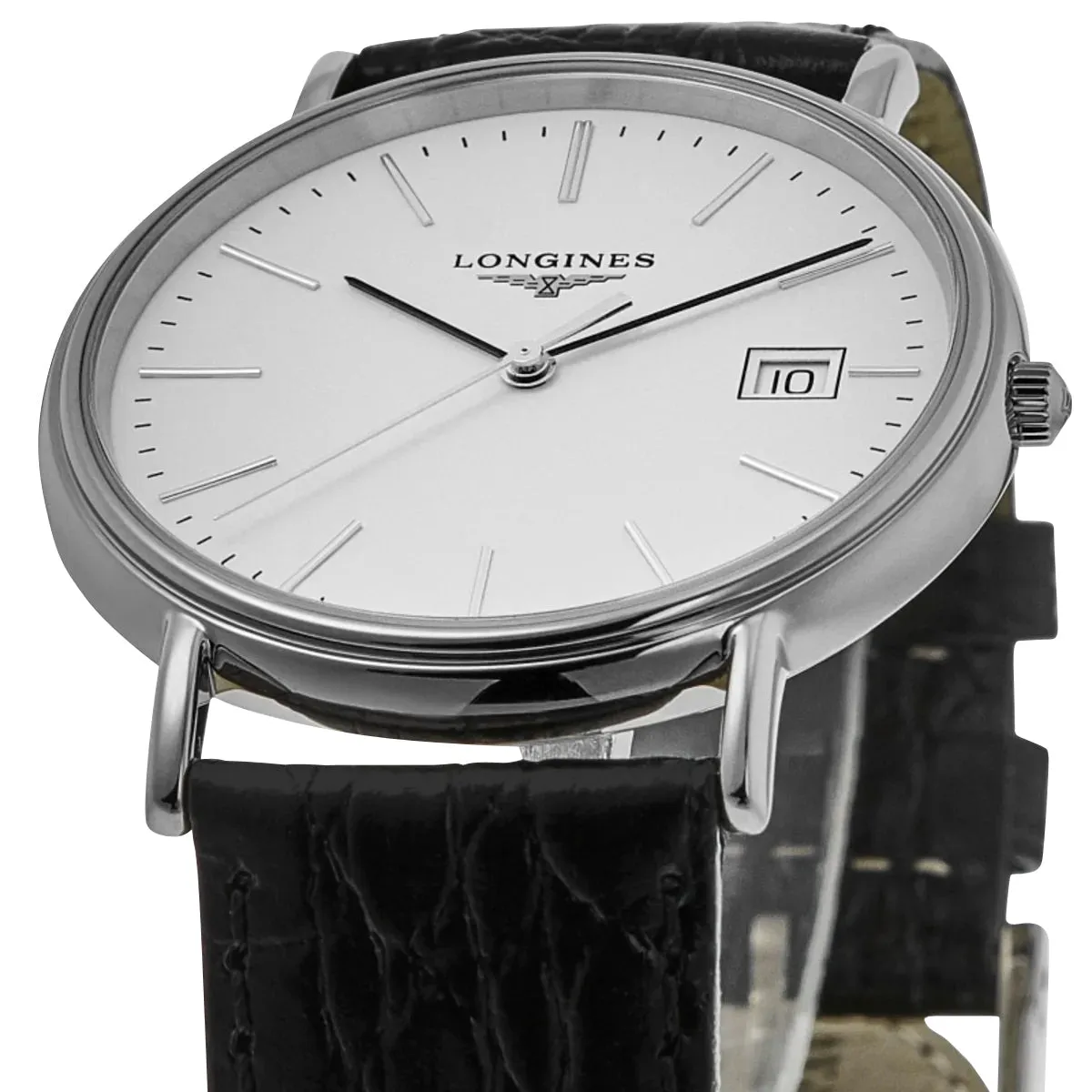 Longines Presence Stainless Steel White Dial Black Leather Strap Date Quartz Mens Watch L4.790.4.12.2