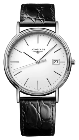 Longines Presence Stainless Steel White Dial Black Leather Strap Date Quartz Mens Watch L4.790.4.12.2