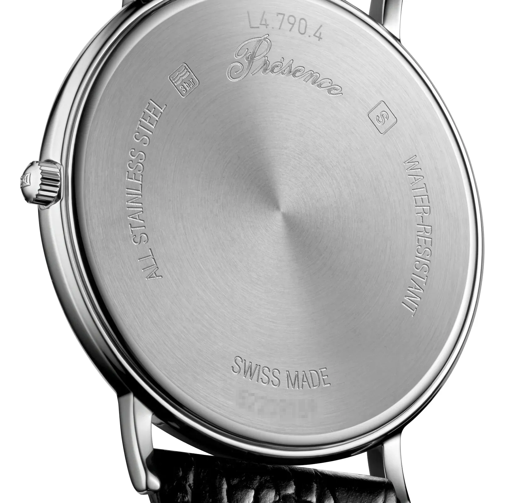 Longines Presence Stainless Steel White Dial Black Leather Strap Date Quartz Mens Watch L4.790.4.12.2