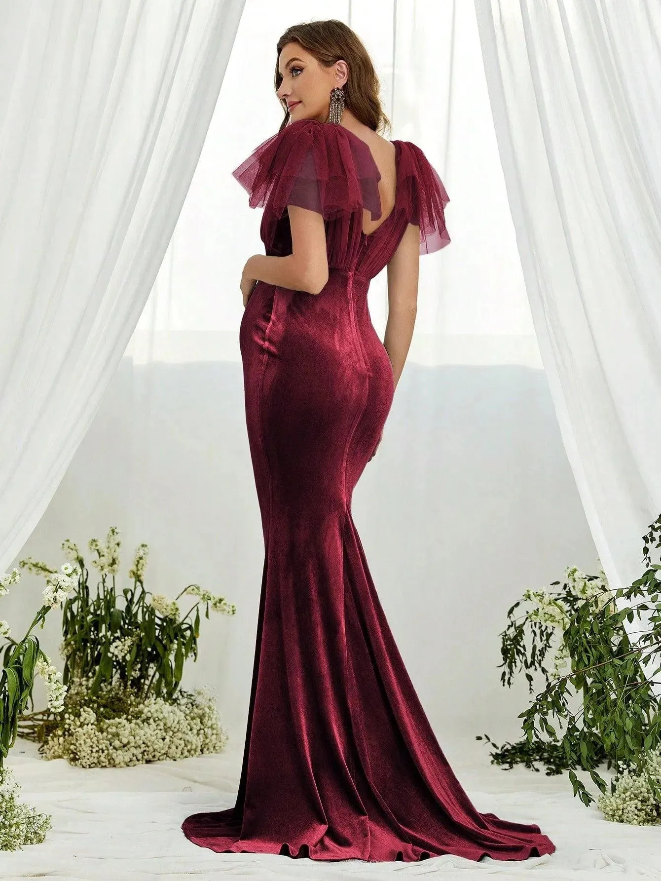 Maternity Contrast Mesh Mermaid Hem Velvet Dress