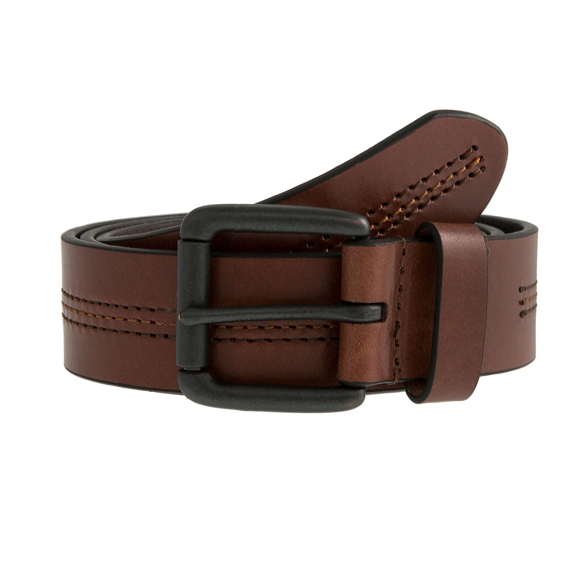 Men's Lined Full-Grain Leather Belt with Gunmetal Buckle and Stitch Detail