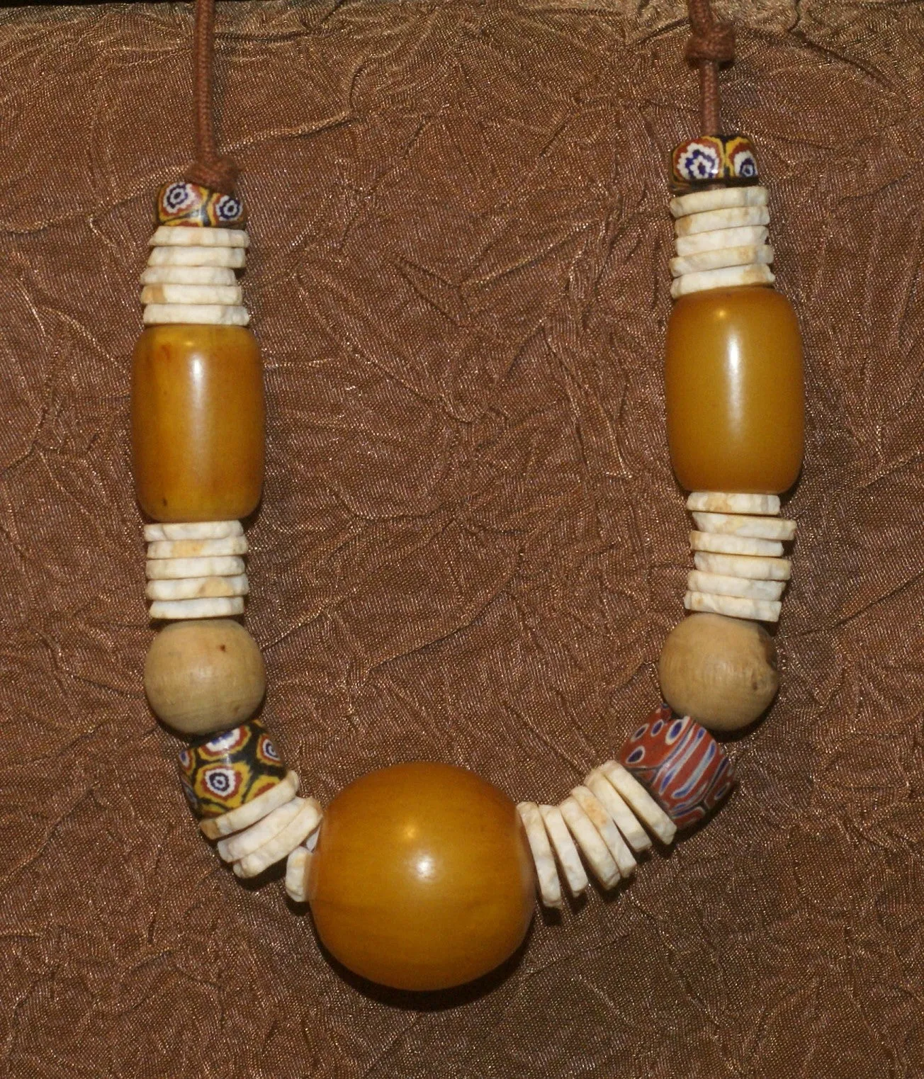 MOROCCO TRIBAL BERBER TOUAREG DOWRY WEDDING ETHNIC BEADS NECKLACE , BRIDE PRICE, WITH AMBER BEADS , WOOD BALLS, CONUS SHELL RINGS, AND COLORFUL GLASS BEADS NECK25   LONG OTHER COCONUT SHELL NECKLACE