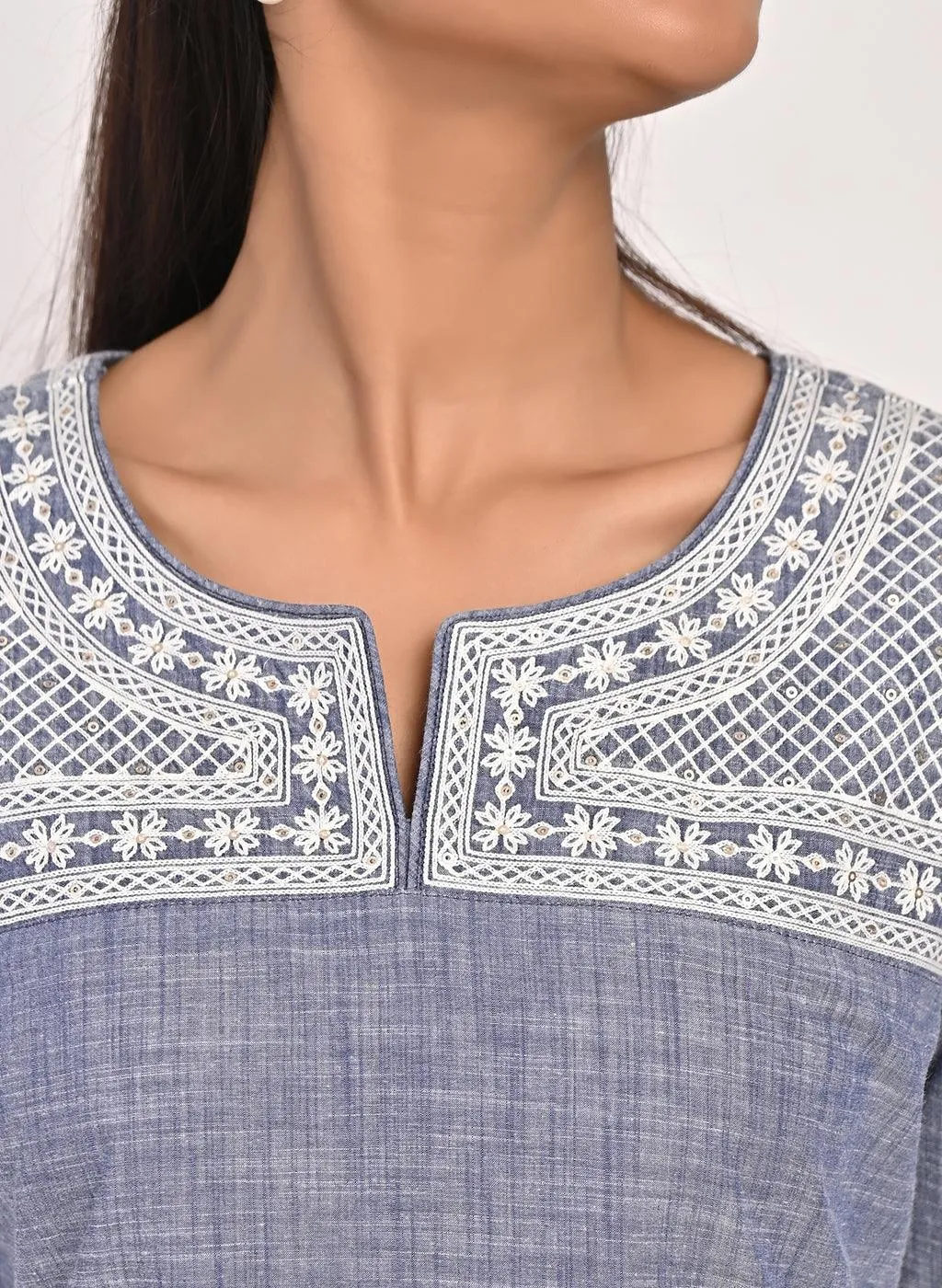 Navy Blue Round Neck Embroidered Tunic