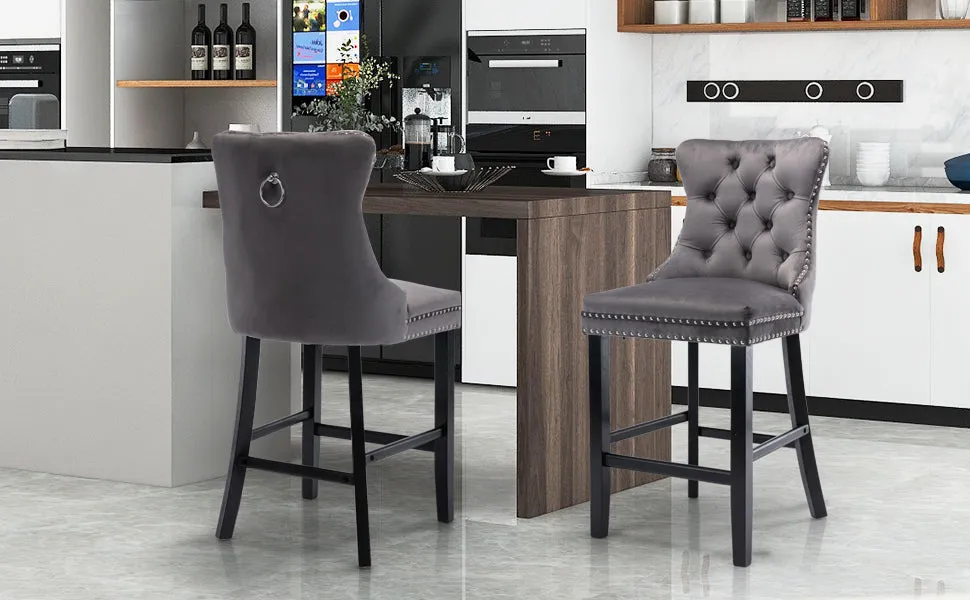 Premium Velvet Bar Stools Set Of 2 With Studs Trim - Grey