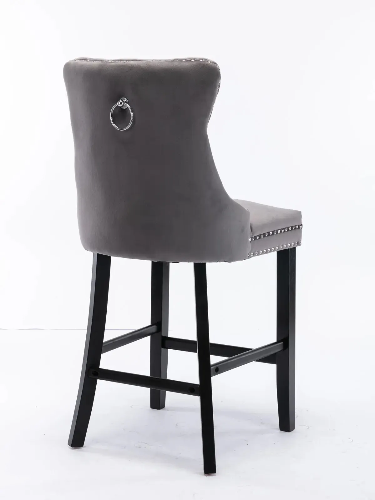 Premium Velvet Bar Stools Set Of 2 With Studs Trim - Grey