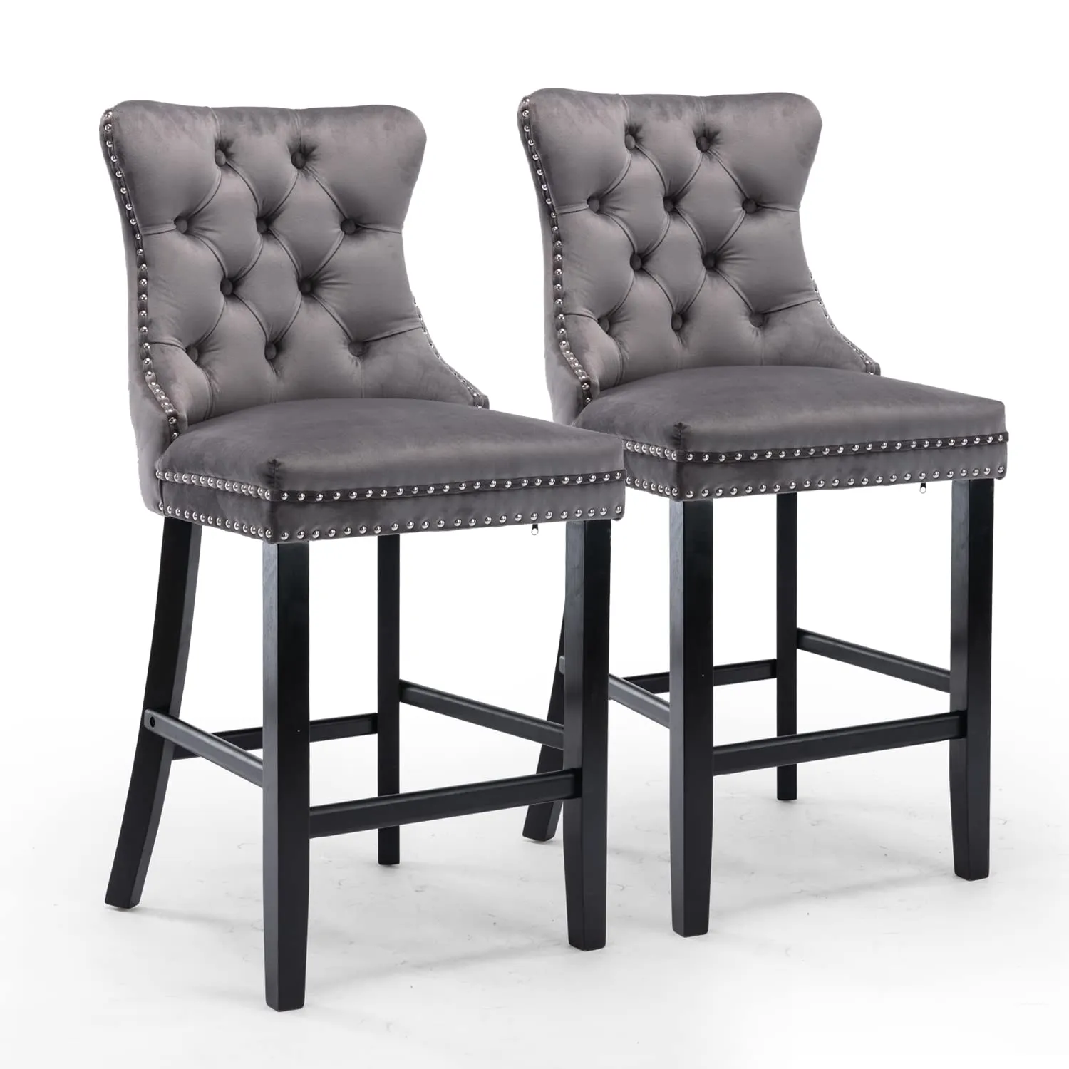 Premium Velvet Bar Stools Set Of 2 With Studs Trim - Grey