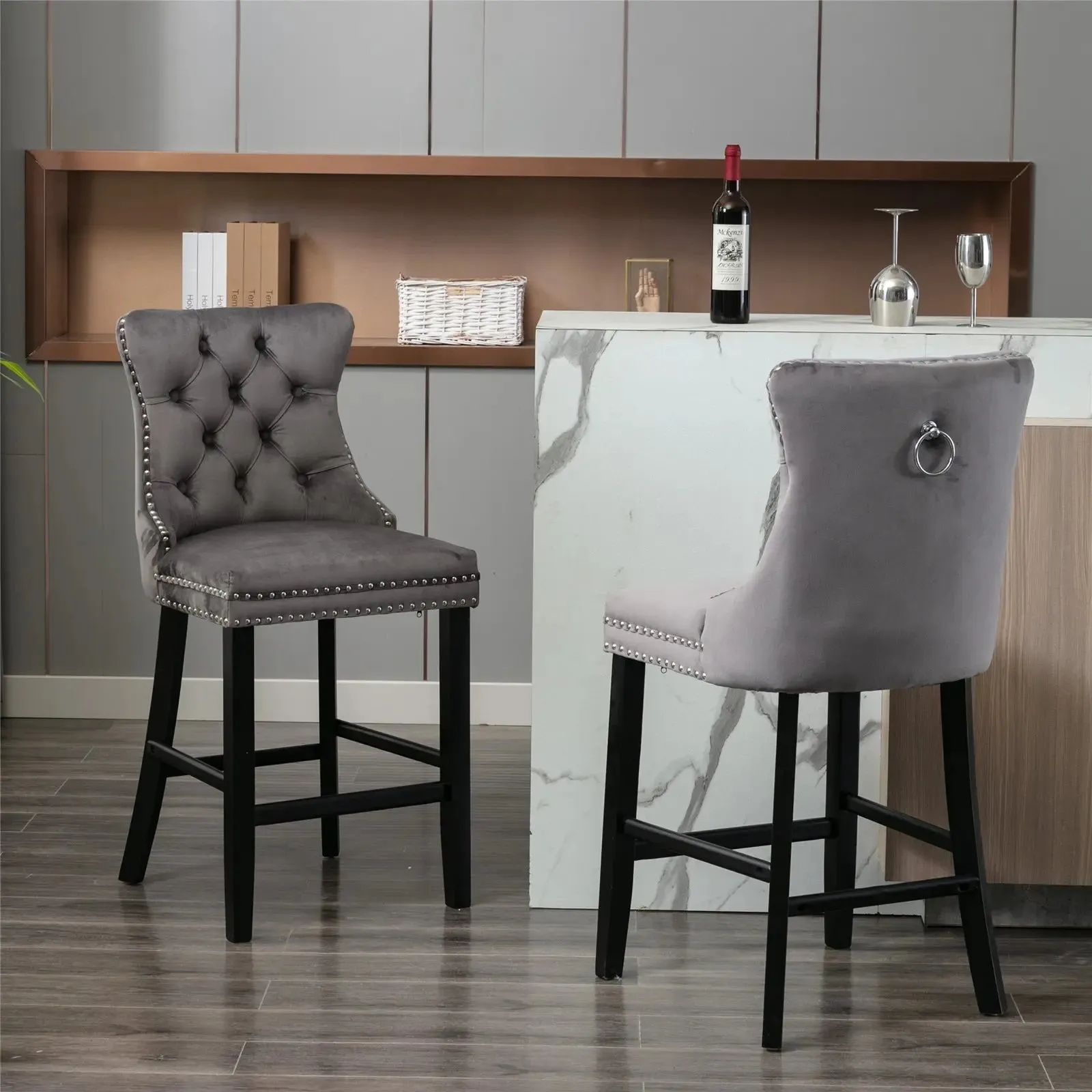 Premium Velvet Bar Stools Set Of 2 With Studs Trim - Grey