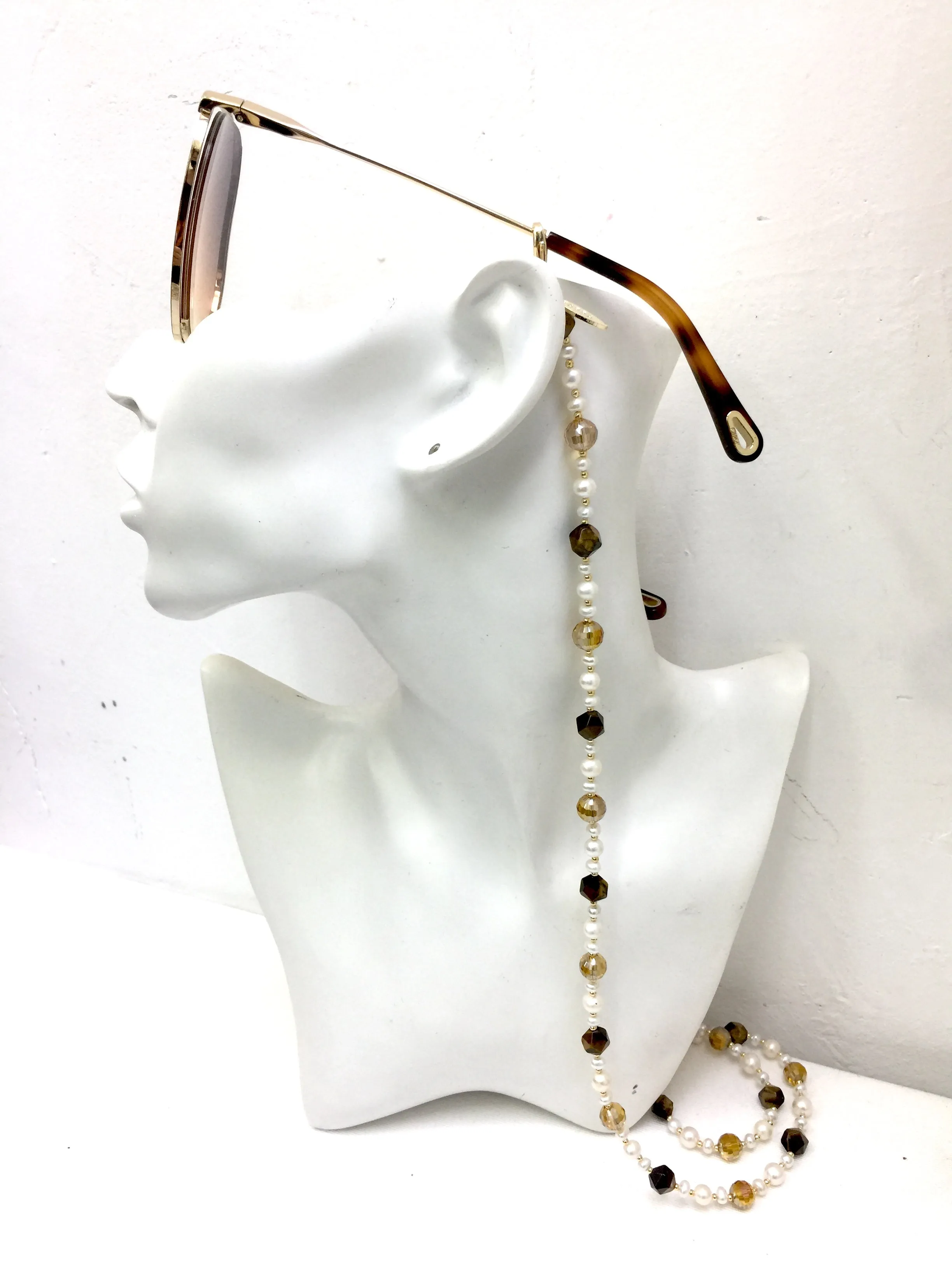 Removable Freshwater Pearls , Tiger Eye & Crystals Glasses Chain EC005