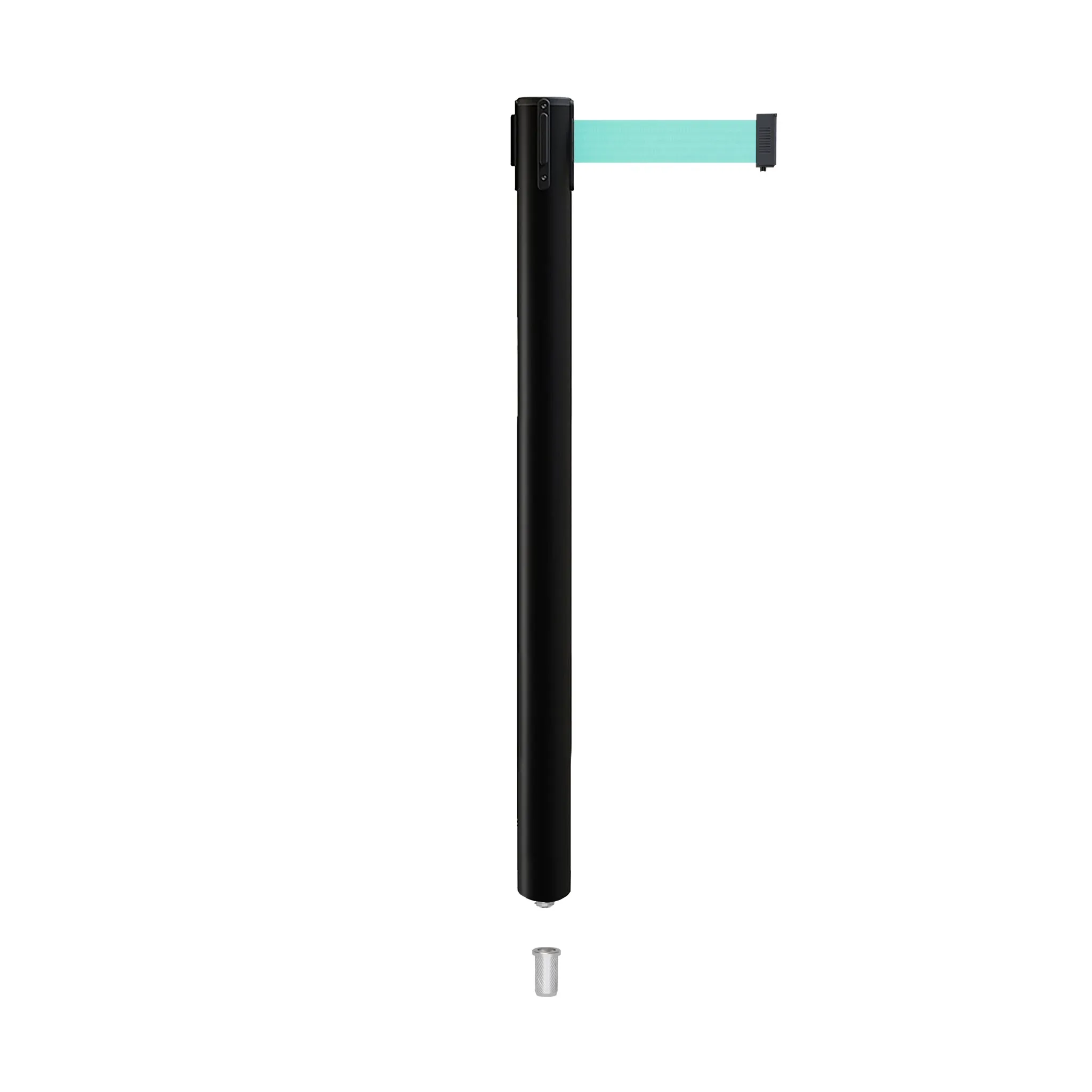 Retractable Belt Barrier Stanchion, Mini Socket Base, Black Post, 13 ft Belt - Montour Line MX630SK