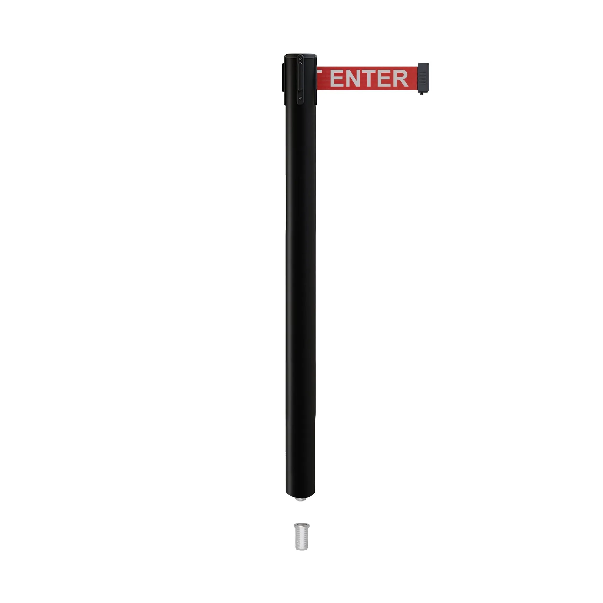 Retractable Belt Barrier Stanchion, Mini Socket Base, Black Post, 13 ft Belt - Montour Line MX630SK