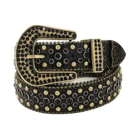 Rhinestone Black and Gold Studs Belt With Black Textured Strap