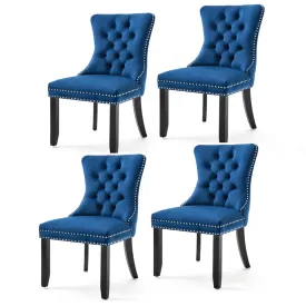 Set of 4 Velvet Dining Chairs Upholstered With Studs - Blue