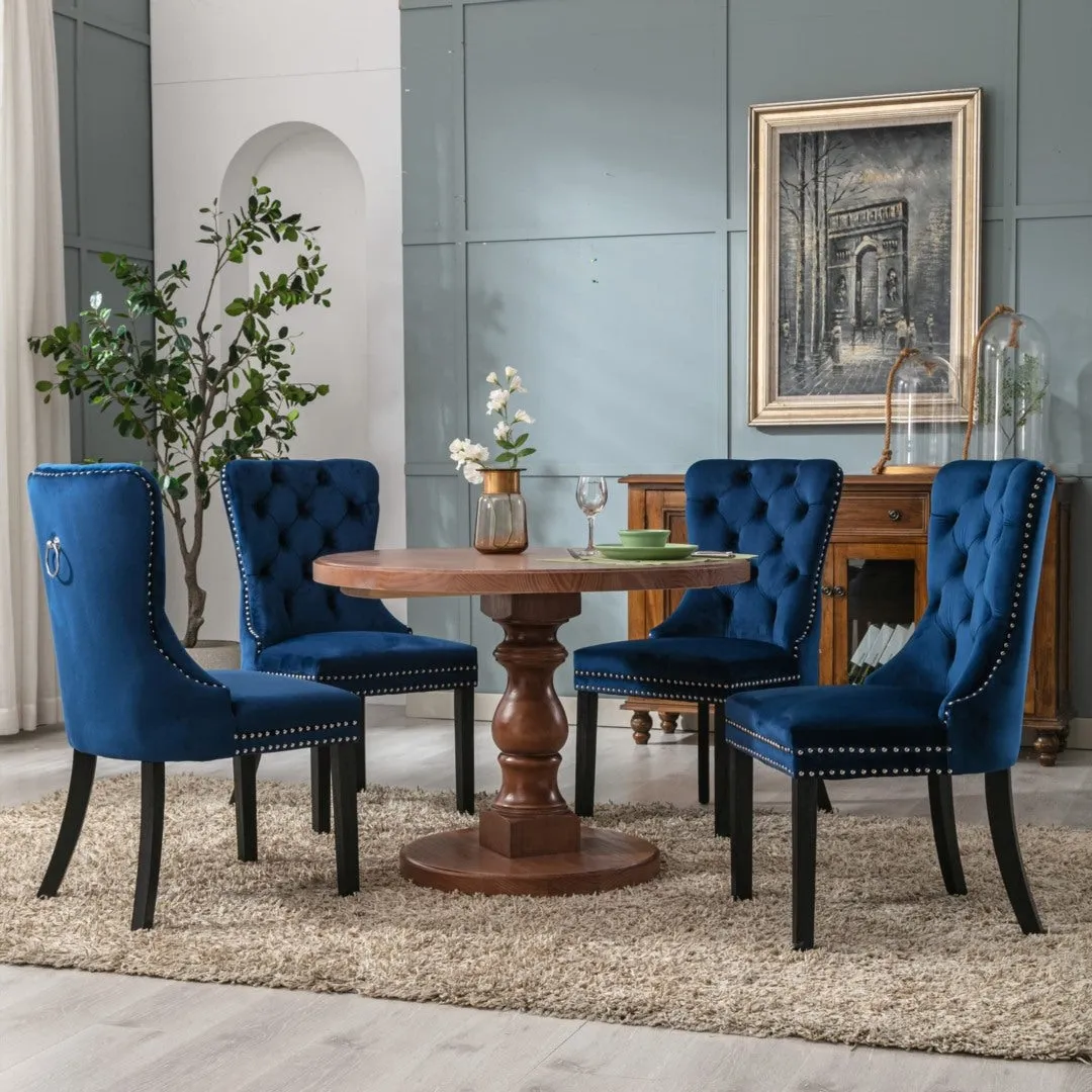 Set of 4 Velvet Dining Chairs Upholstered With Studs - Blue