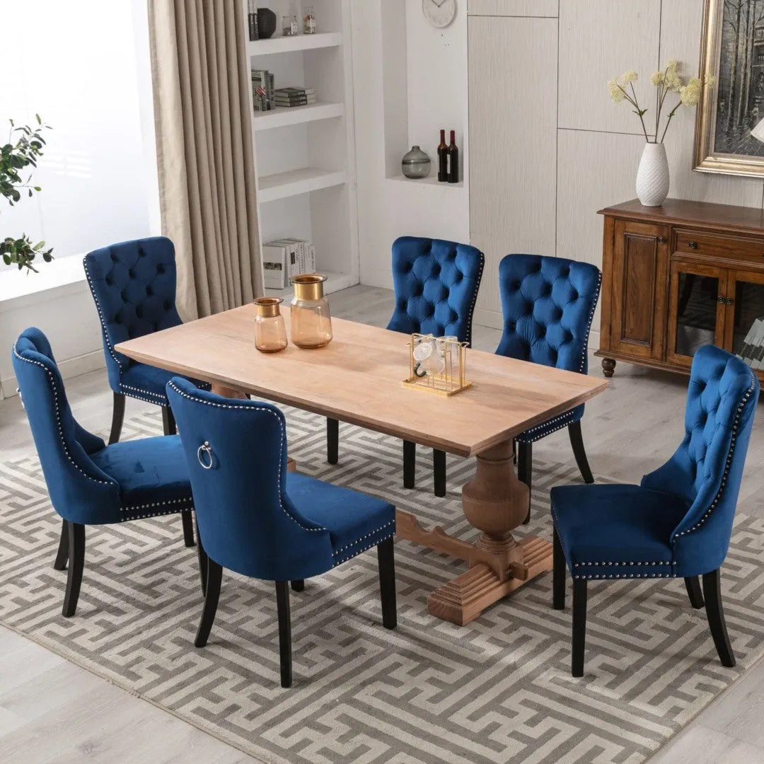 Set of 4 Velvet Dining Chairs Upholstered With Studs - Blue