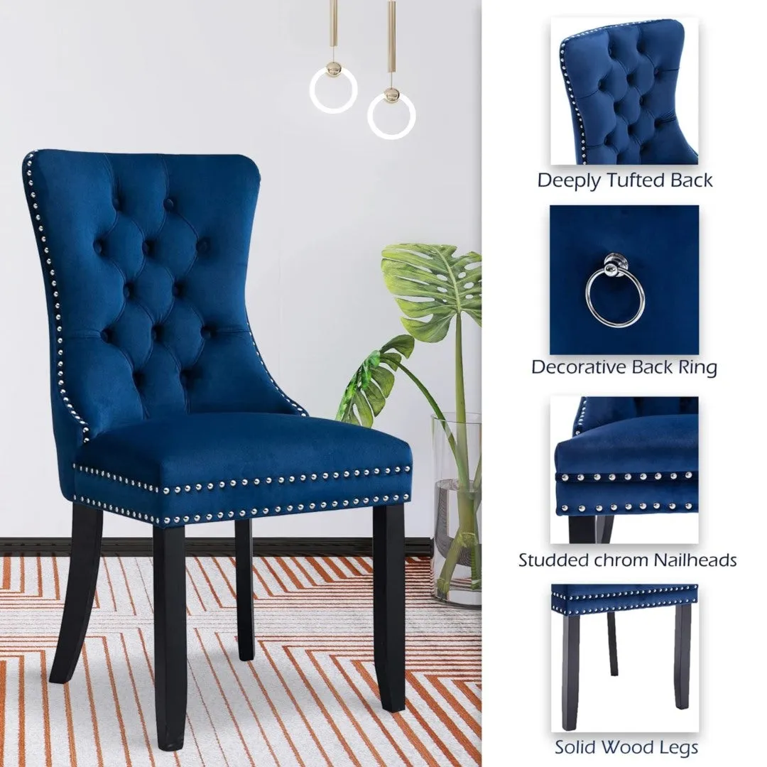 Set of 4 Velvet Dining Chairs Upholstered With Studs - Blue