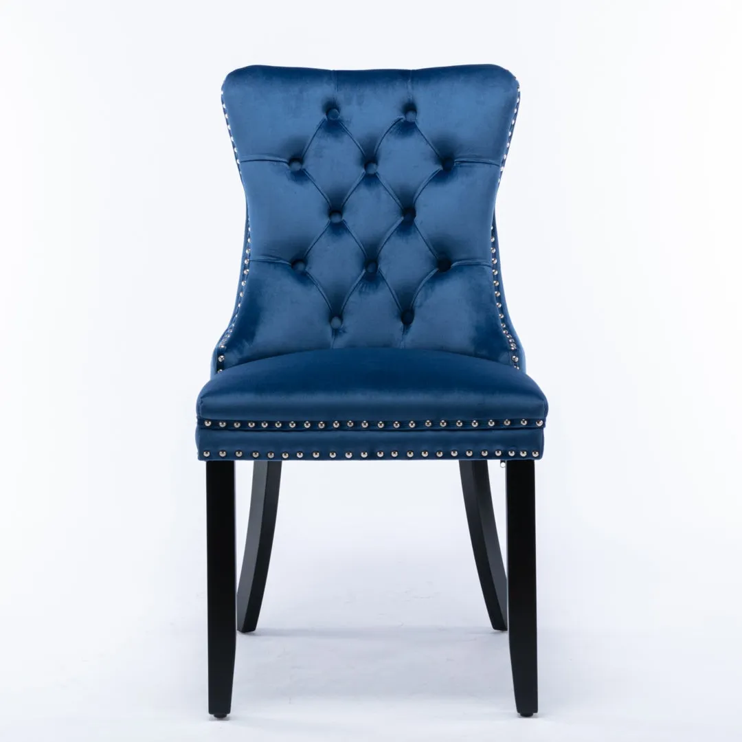 Set of 4 Velvet Dining Chairs Upholstered With Studs - Blue