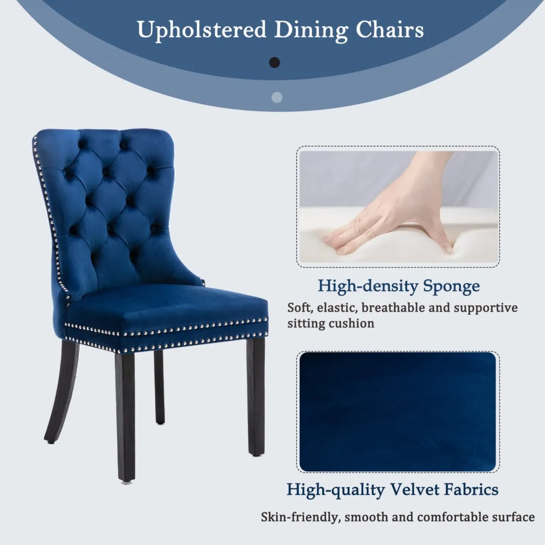 Set of 4 Velvet Dining Chairs Upholstered With Studs - Blue