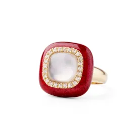 Sparkle red enamel and mother of pearl 18k yellow gold and diamond ring